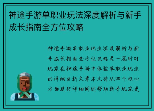 神途手游单职业玩法深度解析与新手成长指南全方位攻略 神途手游单职业玩法深度解析与新手成长指南全方位攻略